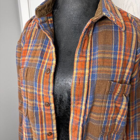 St. John’s Bay Men’s Flannel Shirt Large Brown Orange Blue Plaid 100% Cotton - Picture 5 of 6